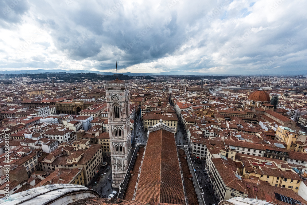 View from Giotto's Campanile of Duomo di Firenze Cathedral, Cathedral of Saint Mary of Flower, Florence, Italy, Europe March 08, 2018 View from Giotto's Campanile of Duomo di Firenze Cathedral, Cathedral of Saint Mary of Flower, Florence, Italy, Europe March 08, 2018