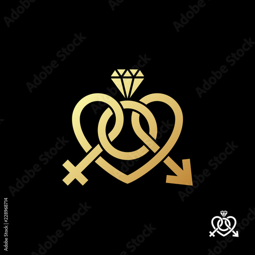Beautiful plexus gold male and female sign in the engagement ring logo template on black background. To marriage agencies, event decoration, weddings and bridal shops. Vector illustration.