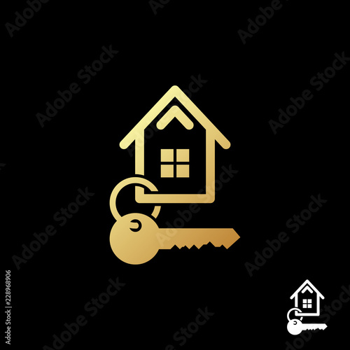 Symbol of the gold house of thick rounded lines with key logo template on black background. For real estate agencies and construction company. Vector illustration.