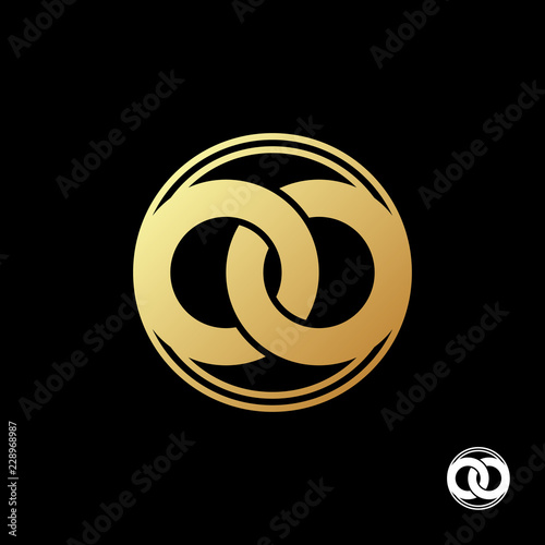 United two gold abstract rings to create a symbol of infinity logo template. To marriage agencies and business companies. Vector illustration.