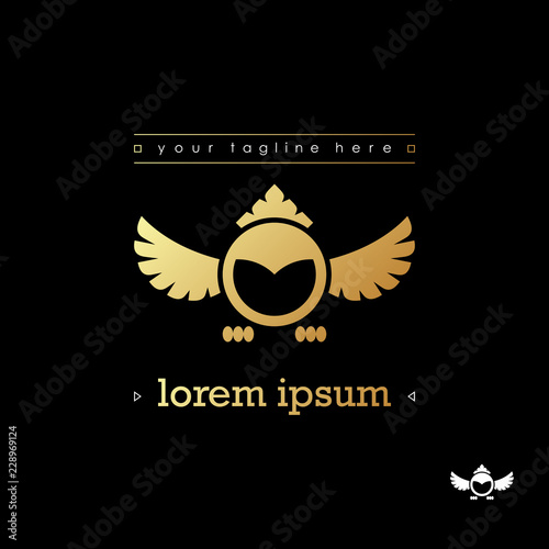 Abstract owl logo template. Gold owl icon for business company and educational institute on black background. Vector illustration.