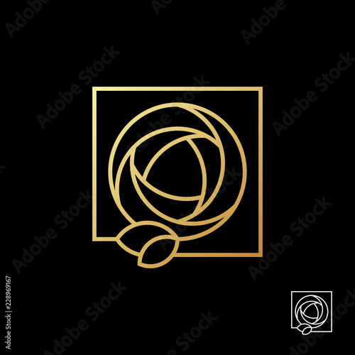 Beautiful gold rose in a square logo template on black background. For flower shops, cosmetics store and beauty salons. Vector illustration.