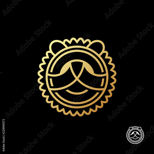 Abstract gold round head of a lion from the thick lines logo template. Symbol for pet stores, business companies, zoos and nature reserves. Vector illustration.