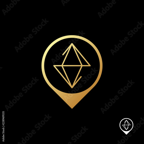 Marker with diamond logo template. Diamond in the marker gold color on black background. Vector illustration.
