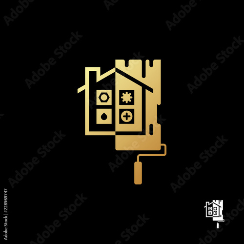 Home repair logo template. Unusual gold home icon for construction and repair company on black background. Vector illustration.