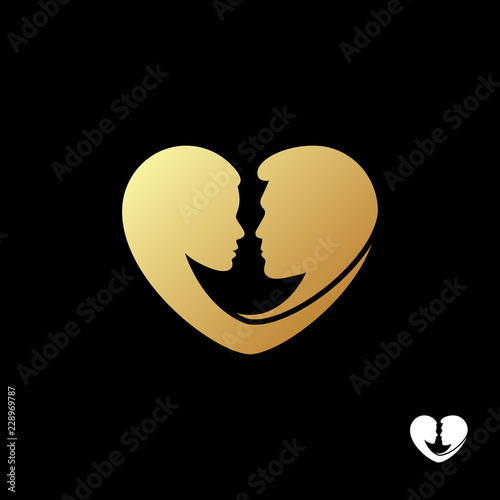 Beautiful romantic gold female and male silhouette of a head in the form of heart logo template. To marriage agencies, event decoration, weddings and bridal shops. Vector illustration.