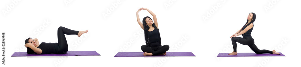 Woman doing exercises on white