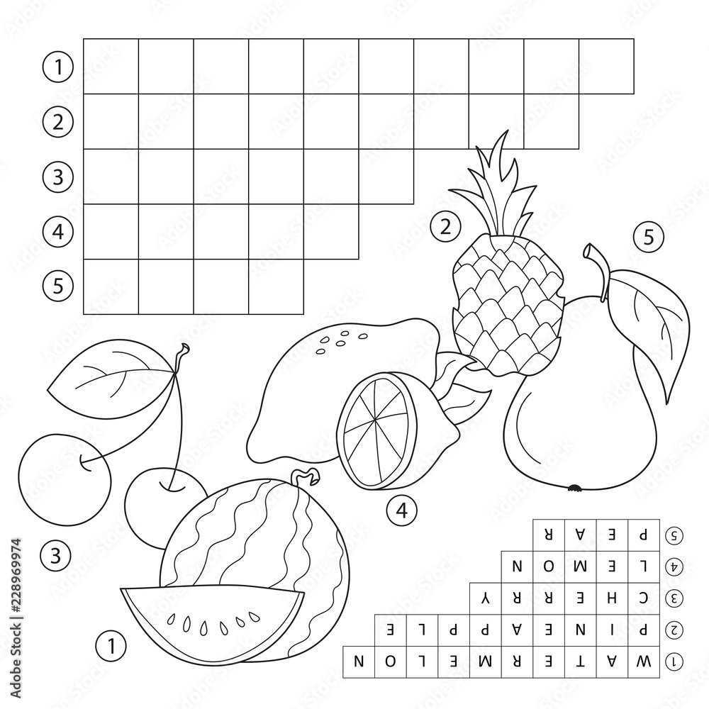 Crossword puzzle game with fruits. Educational page for children for study  English words. Vector cartoon image and coloring book Stock Vector | Adobe  Stock