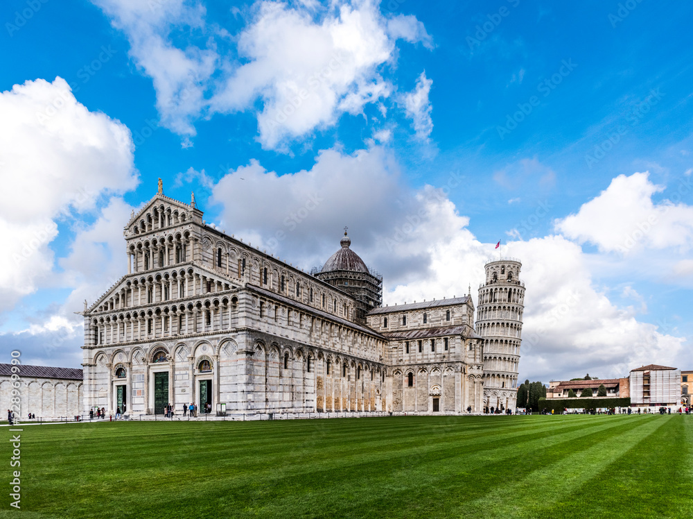 Pisa Cathedral with the Leaning Tower behind, Pisa, Italy, Europe