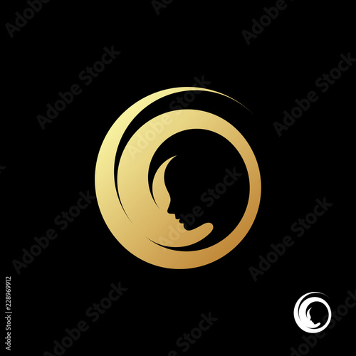 Beautiful gold girl face logo template on black background. Vector illustration.