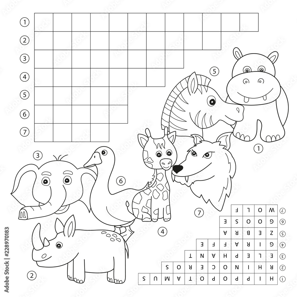 Vector crossword coloring book page, education game for children about