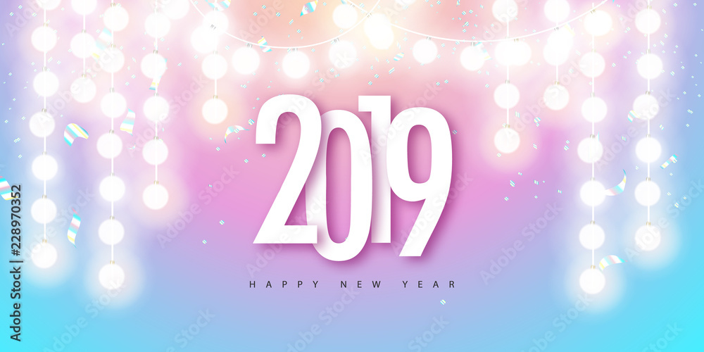 2019 Happy New Year trendy background for holiday greeting card, poster, banner.Garland and falling serpentine.Vector illustration.