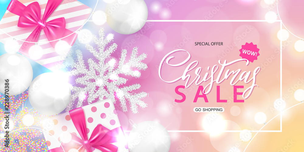 Christmas Sale poster with shiny Christmas balls, gift boxes, snowflakes,garland and serpentine. Vector illustration. Design for invitation, banners, ads, coupons, promotional material.