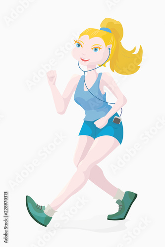 Sports character in the form of a blond girl in a blue T-shirt and mini shorts
