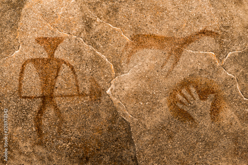 Obraz na ścianie jaskini prehistorycznych ludzi. era, era.