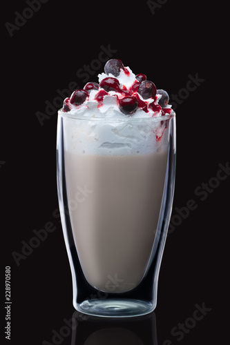 Double-walled glass with coffee cocktail  isolated on black. Photo with clipping path.