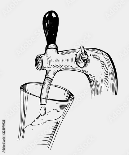 Beer is poured into a mug. Beer tap. Hand drawn illustration converted to vector