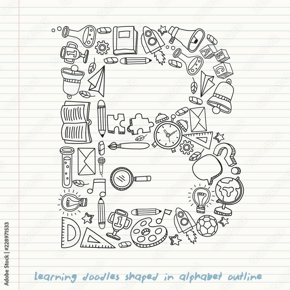 Set of hand drawn kid learning doodles shaped in alphabet : Vector Illustration