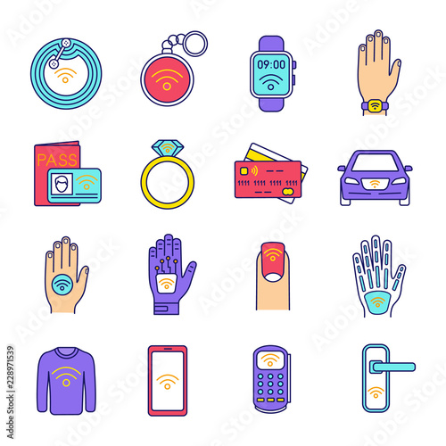 NFC technology color icons set