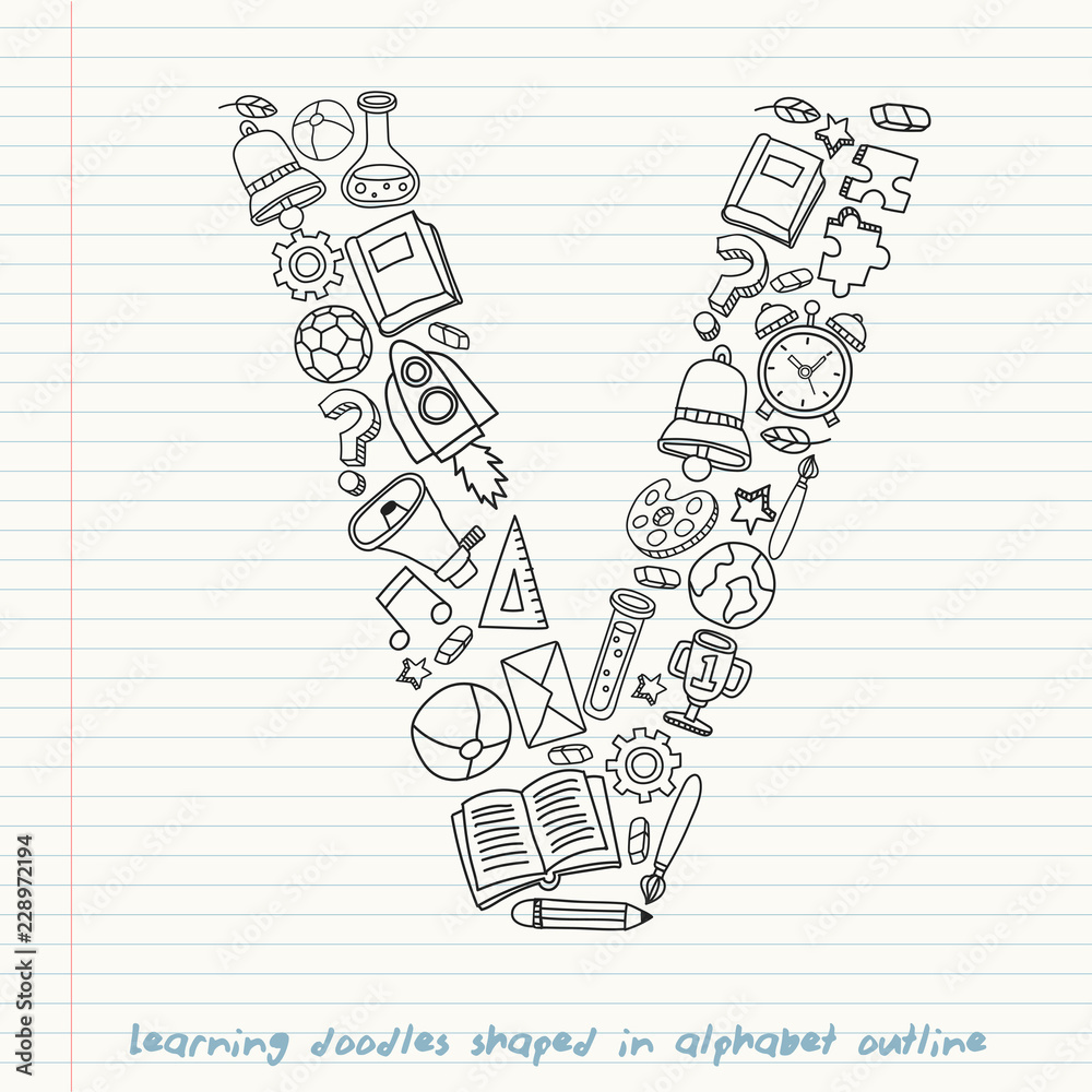 Fototapeta premium Set of hand drawn kid learning doodles shaped in alphabet : Vector Illustration