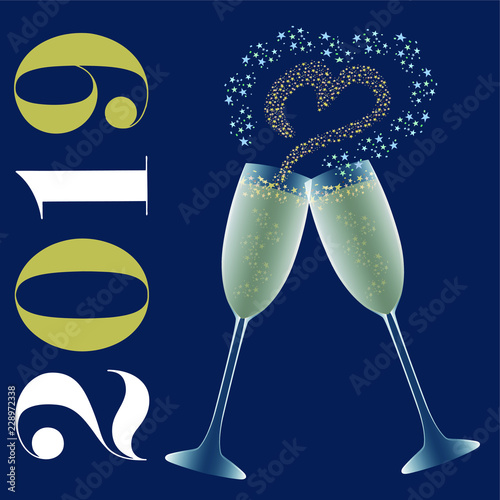 Carte de vœux 2019 pour les amoureux avec deux verres de champagne d’où surgissent des étoiles formant un cœur.