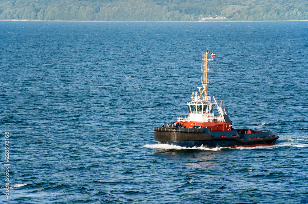 Fototapeta premium A tugboat with a Danish flag navigates on the sea, in the background the wooded coast can be seen