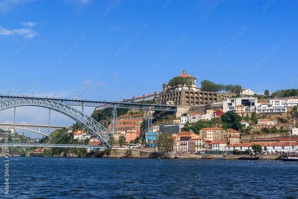 Famous view of Porto and Vila Nova de Gaia, Portugal. Dom Luis I Bridge over the river Douro.