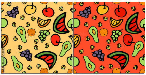 Set of seamless patterns with healthy and tasty colorful food on a neutral.Fruits grapes, avocado, watermelon, apple, melon, pistachios.Food that is preferred by vegetarians and fructarians is healthy
