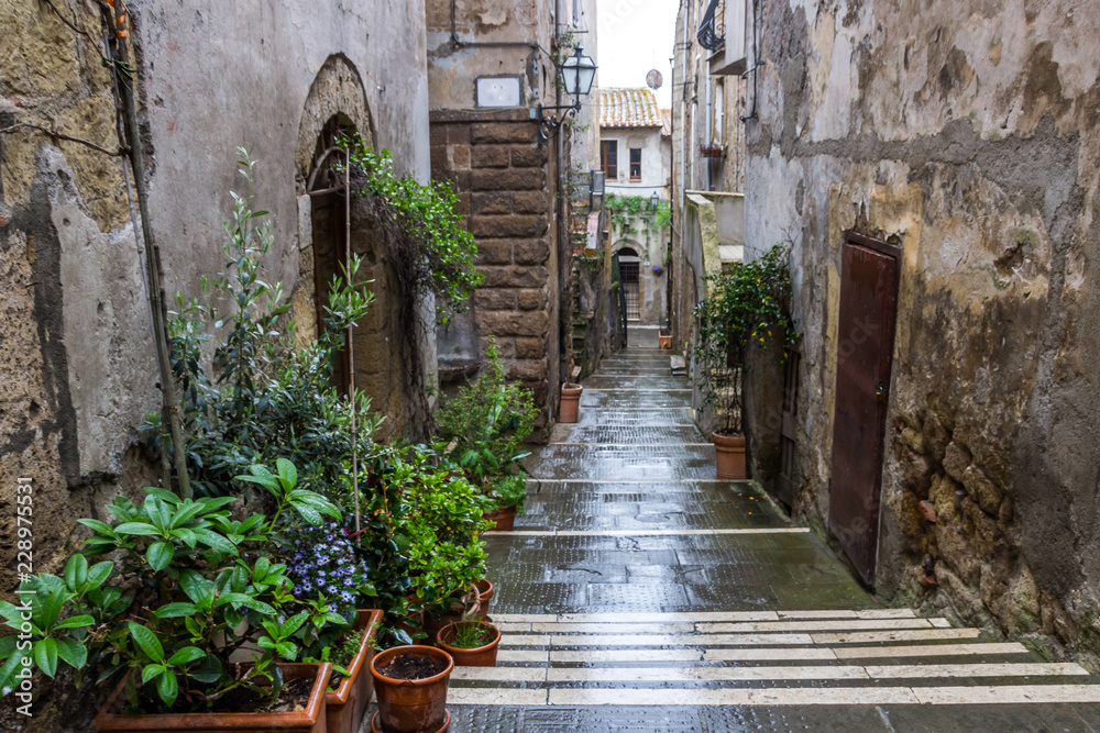 Pitigliano buildings and streets in medieval town in Tuscany