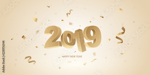 Happy New Year 2019 background. Golden 3D numbers and confetti on a bright background.