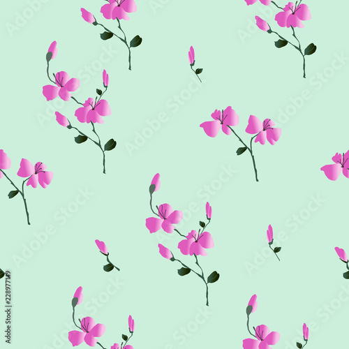 Floral seamless pattern. Classic blooming leaves spring decorative floral, seamless texture. Fashion template for design clothes, small wild pink flowers green background. Watercolor hand drawn vector