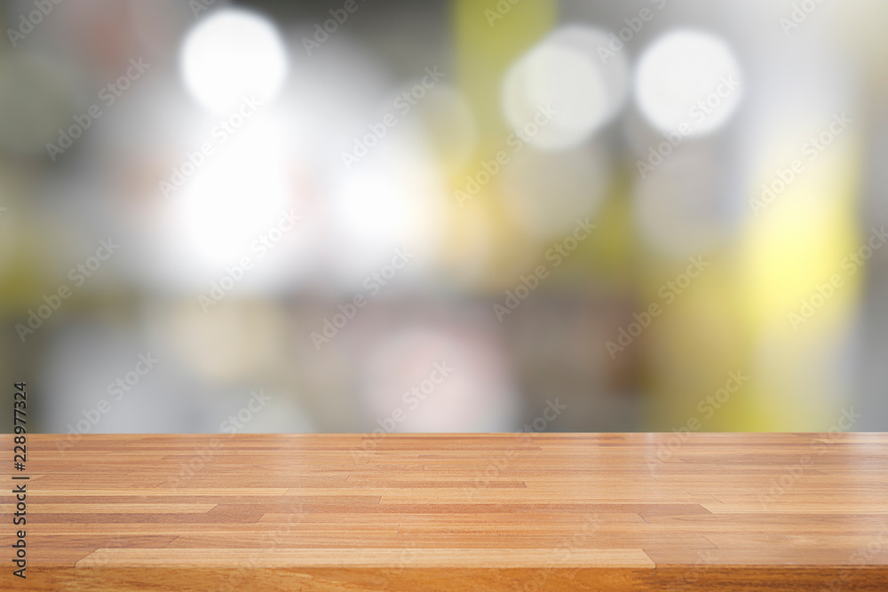 Empty wooden table and interior background, product display, blurred yellow light interior background with bokeh, Ready for product montage