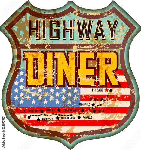 vintage and battered enamel american highway diner sign, retro style, vector illustration