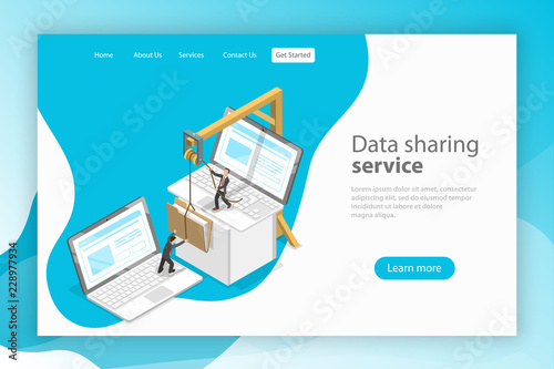 Isometric flat vector landing page template. Data sharing service, social network, information exchange, file transfer.