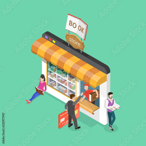 Isometric flat vector concept of online bookstore, electronic library, ebook shop, education and reading.