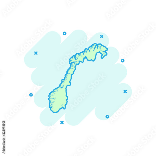 Vector cartoon Norway map icon in comic style. Norway sign illustration pictogram. Cartography map business splash effect concept.
