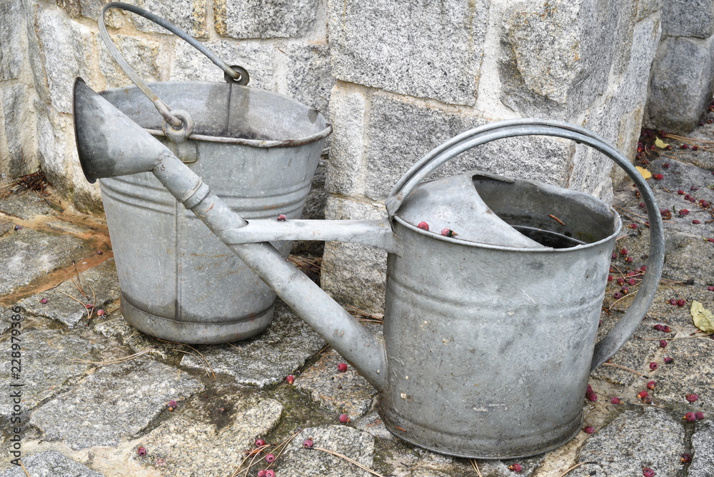 Old watering can and bucket in the garden Old watering can and bucket in the garden