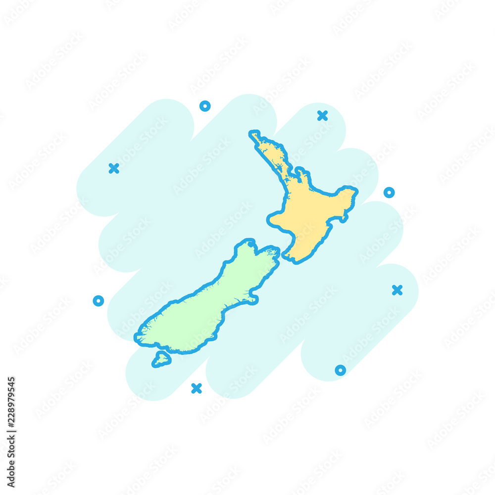 Vector cartoon New Zealand map icon in comic style. New Zealand sign illustration pictogram. Cartography map business splash effect concept. Vector cartoon New Zealand map icon in comic style. New Zealand sign illustration pictogram. Cartography map business splash effect concept.