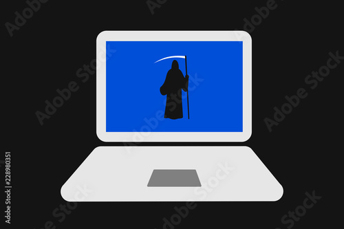 Computer and death as Blue Screen of Death. Operating system is not working on the computer after error and collapse of software. Problem, trouble and breakdown of laptop. Vector illustration