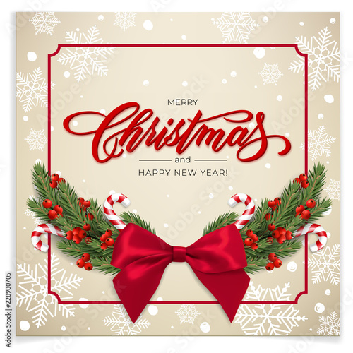 Holiday's Background for Merry Christmas greeting card with a realistic green garland of pine tree branches, decorated with Christmas candy, snowflakes, red berries