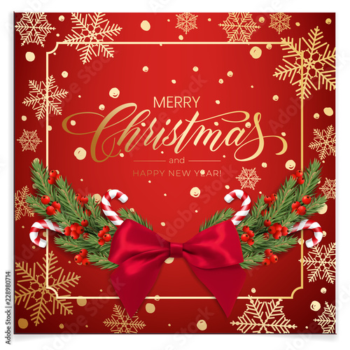 Holiday's Background for Merry Christmas greeting card with a realistic green garland of pine tree branches, decorated with Christmas candy, snowflakes, red berries