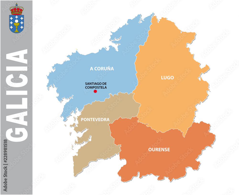Colorful Galicia administrative and political vector map with coat of arms
