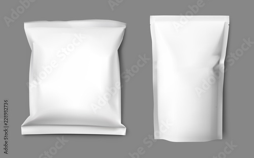 Realistic blank doy pack and pillow pack mock up. Vector illustration on gray background. Ready for your design. EPS10.