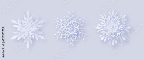Origami snowflakes. Merry Christmas Greetings card. 3D snowflakes with a shadow for your design of greeting cards for New Year and Christmas