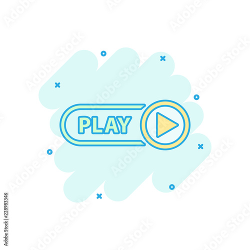 Vector cartoon play button icon in comic style. Play video sign illustration pictogram. Media panel business splash effect concept.