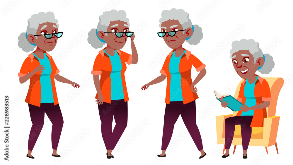 Old Woman Poses Set Vector. Black. Afro American. Elderly People. Senior Person. Aged. Funny Pensioner. Leisure. Postcard, Announcement, Cover Design. Isolated Cartoon Illustration