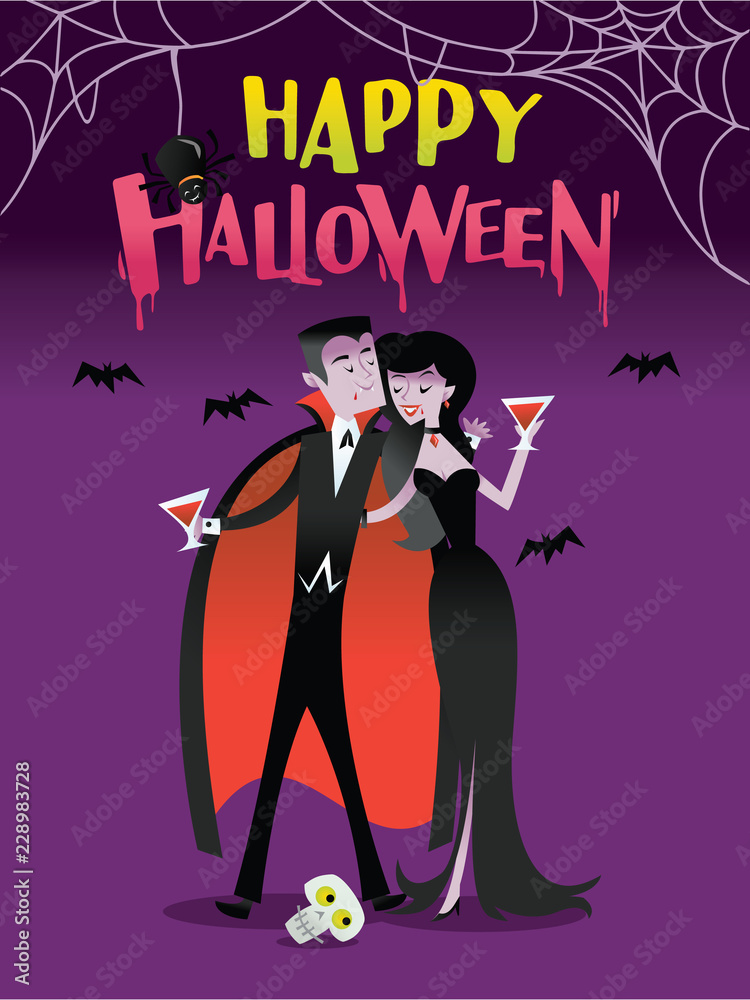 Fototapeta premium Happy Halloween Vampire Couple Bloody Cocktail Party Scene