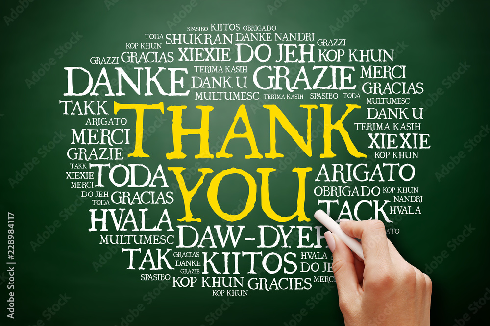 Thank You Word Cloud in many languages on blackboard, presentation background Thank You Word Cloud in many languages on blackboard, presentation background