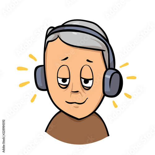 Elderly man, senior retired guy with headphones listening to the music. Flat design icon. Colorful flat vector illustration. Isolated on white background.