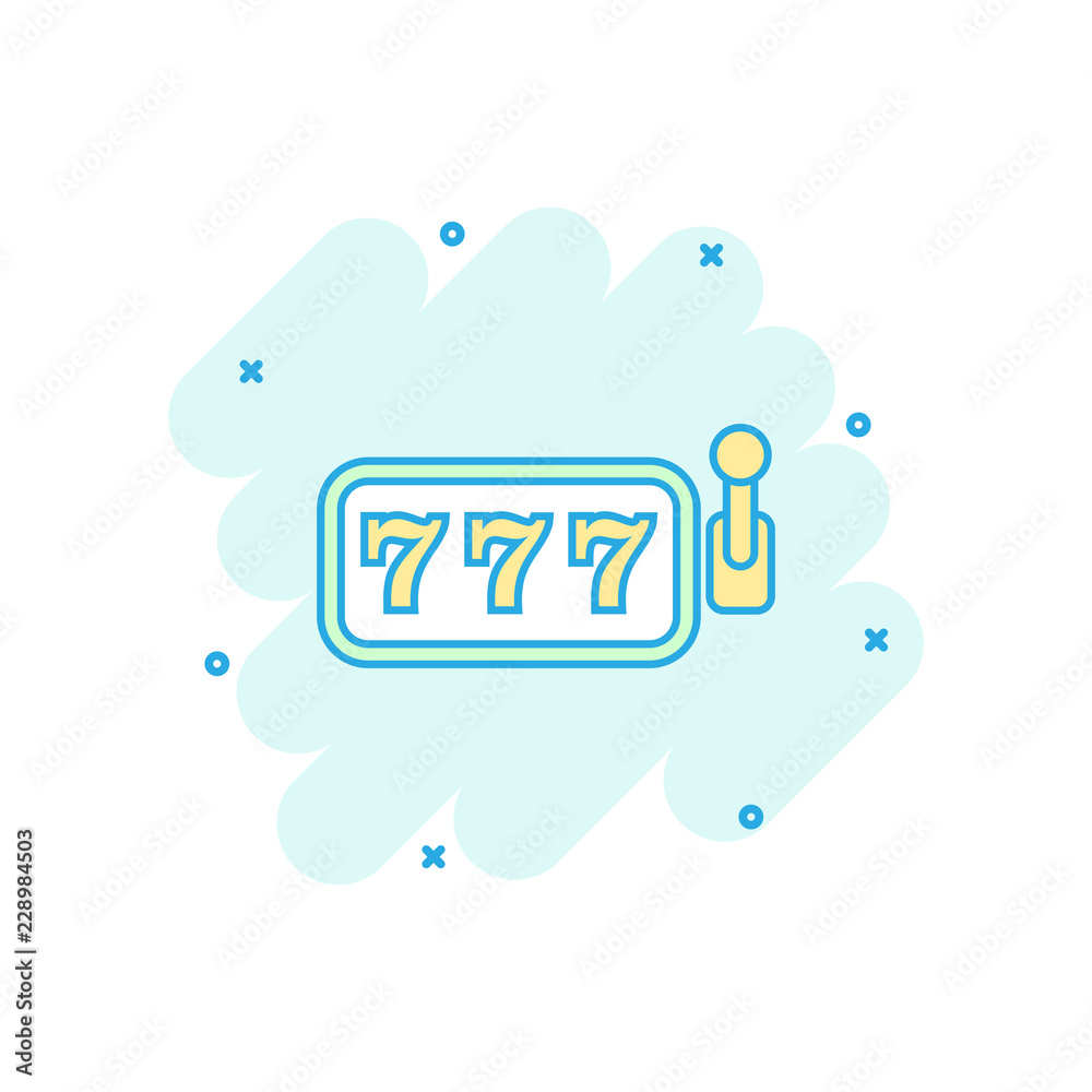 Vector cartoon casino slot machine icon in comic style. 777 jackpot sign illustration pictogram. Casino winner business splash effect concept. Vector cartoon casino slot machine icon in comic style. 777 jackpot sign illustration pictogram. Casino winner business splash effect concept.